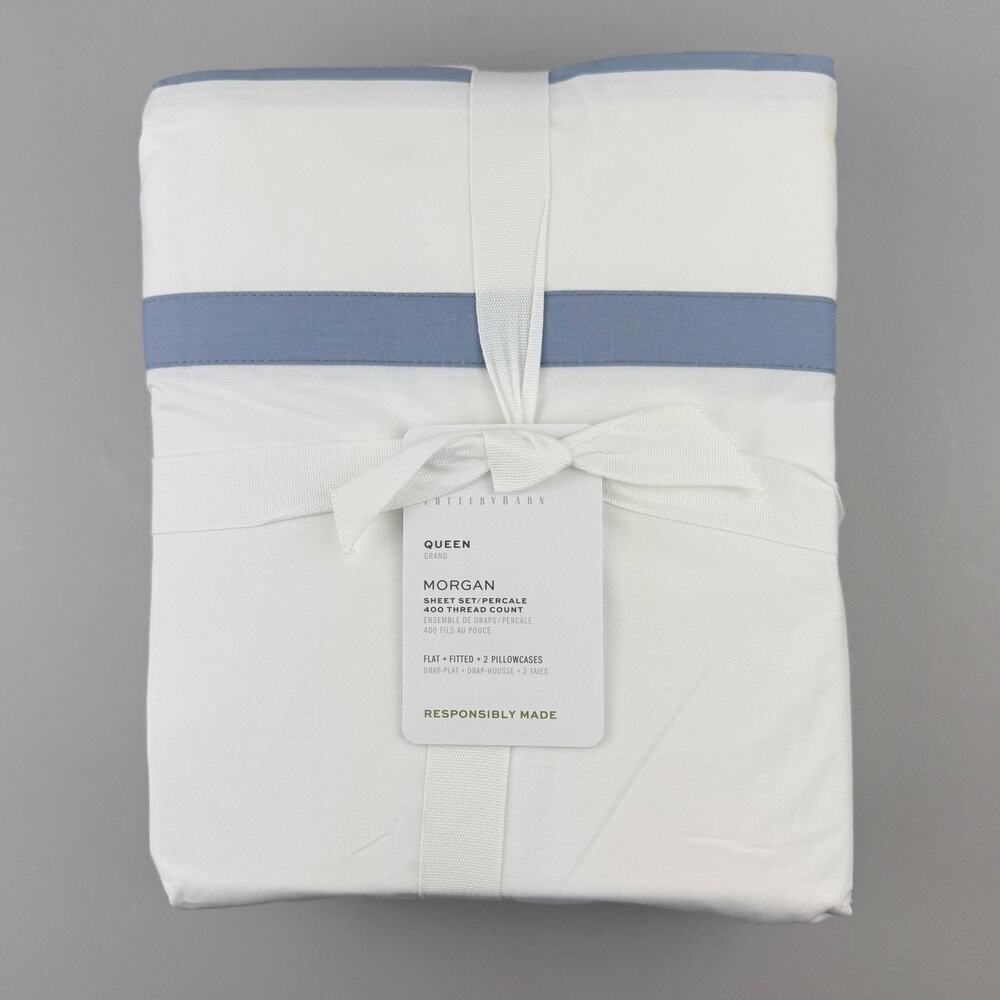 Pottery Barn Morgan Sheet Set QUEEN Organic Percale 400TC White Blue FLAW